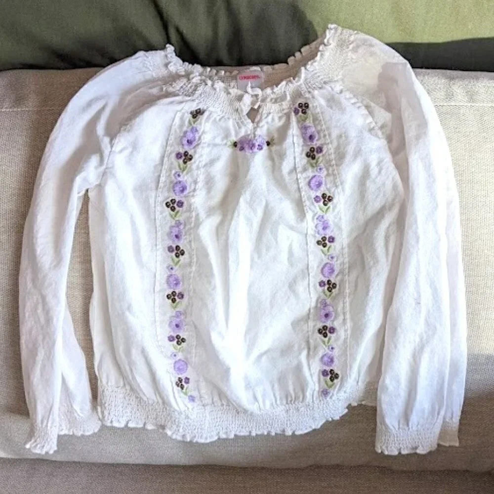 Gymboree Girls White Blouse w/ Embroidered Purple Flowers Size 5